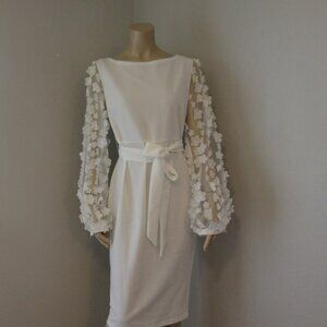 Shein White Sheer Long Sleeves Floral Petals Size Large Back Zip Dress